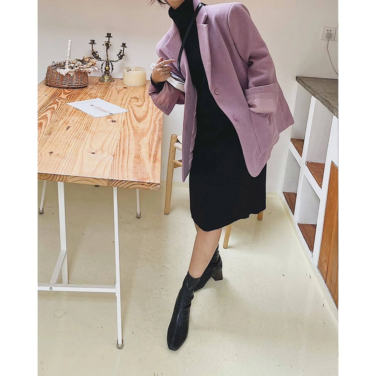 2022 Women Purple Tweed Wool And Mixtures Blends Coat Jacket Female Oem Autumn Winter Overcoat Trench Blazer New Woman Oversize