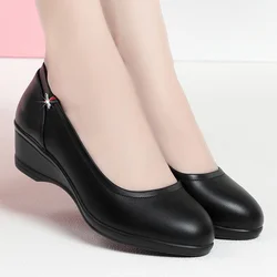 Spring Women Cute Stylish Round Toe Shallow Mouth Black Pu Leather Pumps Casual Comfort  Wedge Heel Anti-slip Shoes