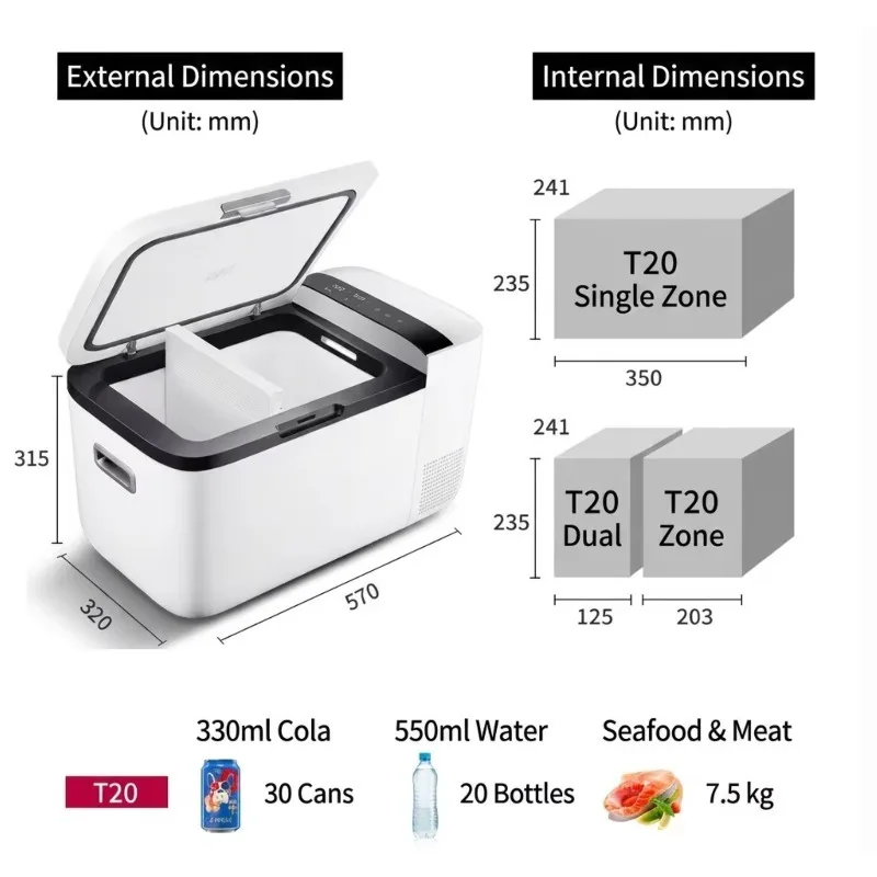 20L Portable Car Fridge Dual Zone Dual Control Compressor Refrigerator -18℃ to 10℃ for SUV RV Sedan