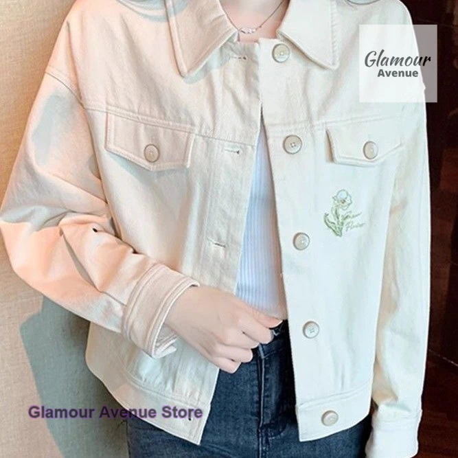 Korean version of embroidered flowers denim shirt jacket women's spring and autumn fashion sense of leisure Joker cardigan top.