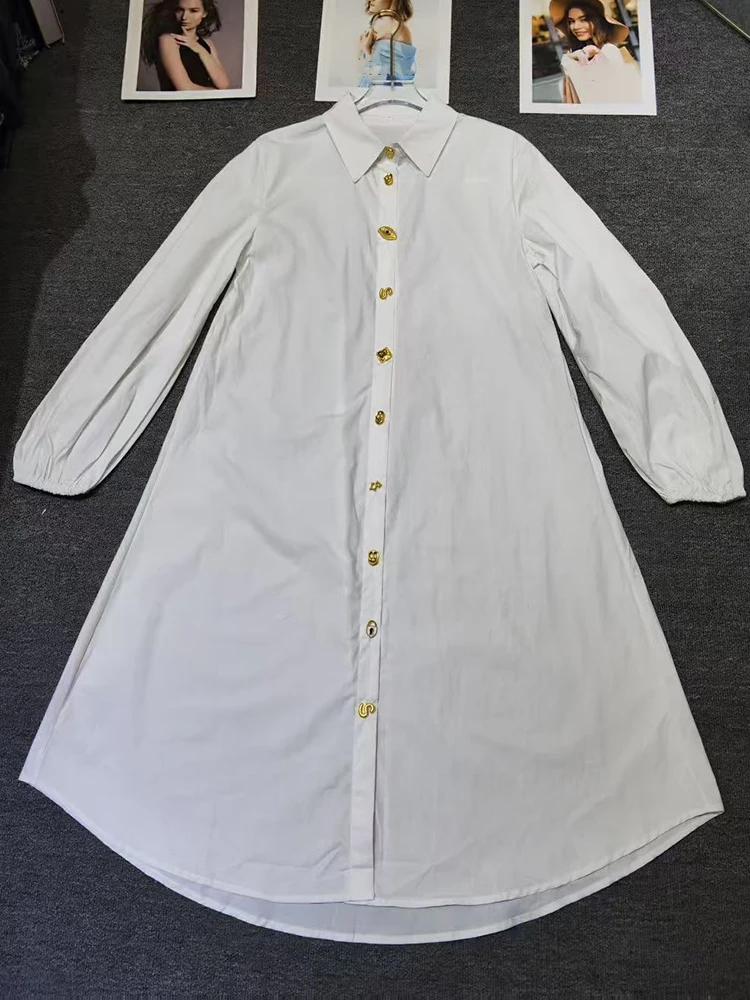 25 أوائل الربيع المرأة الجديدة التلبيب صف واحد قميص فضفاض بأكمام طويلة تنورة موضة بلون مزاجه فستان طويل ألف خط