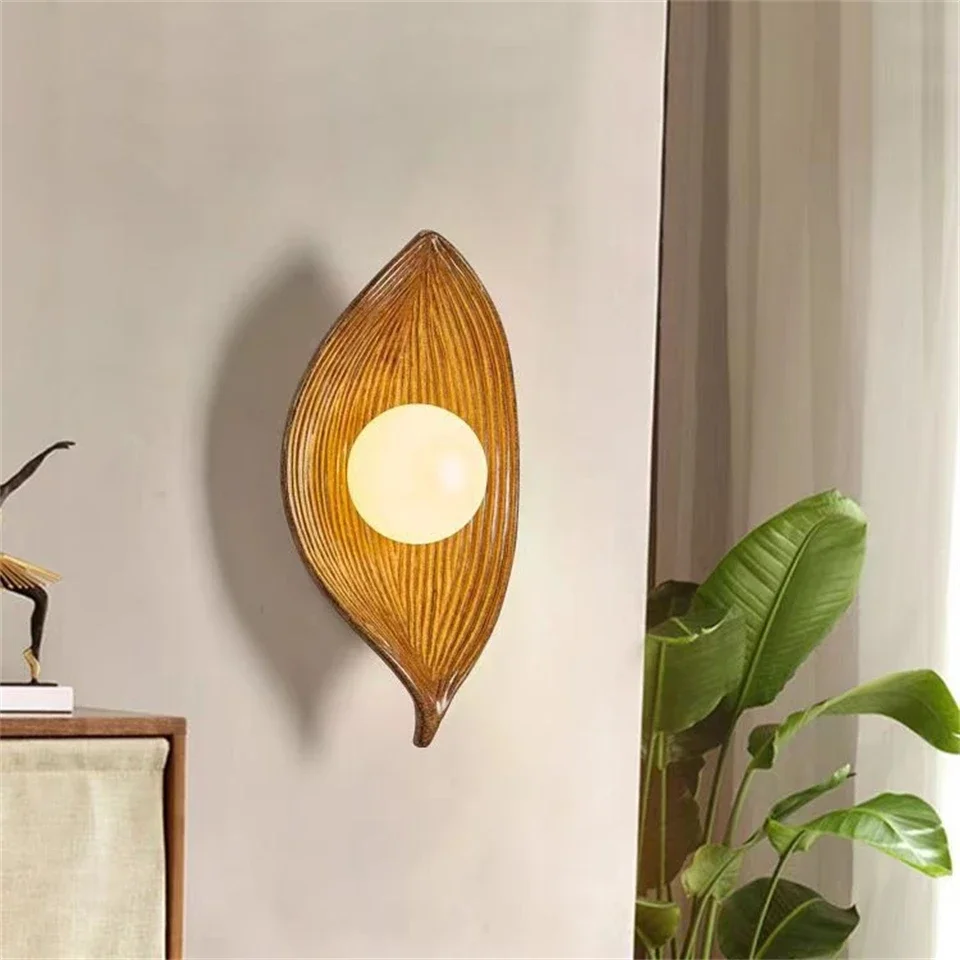 

Vintage Leaf Resin Wall Lamps LED Wall Sconces Bedroom Living Room Corridor Porch Background Lamps Indoor Lighting Home Decor G4