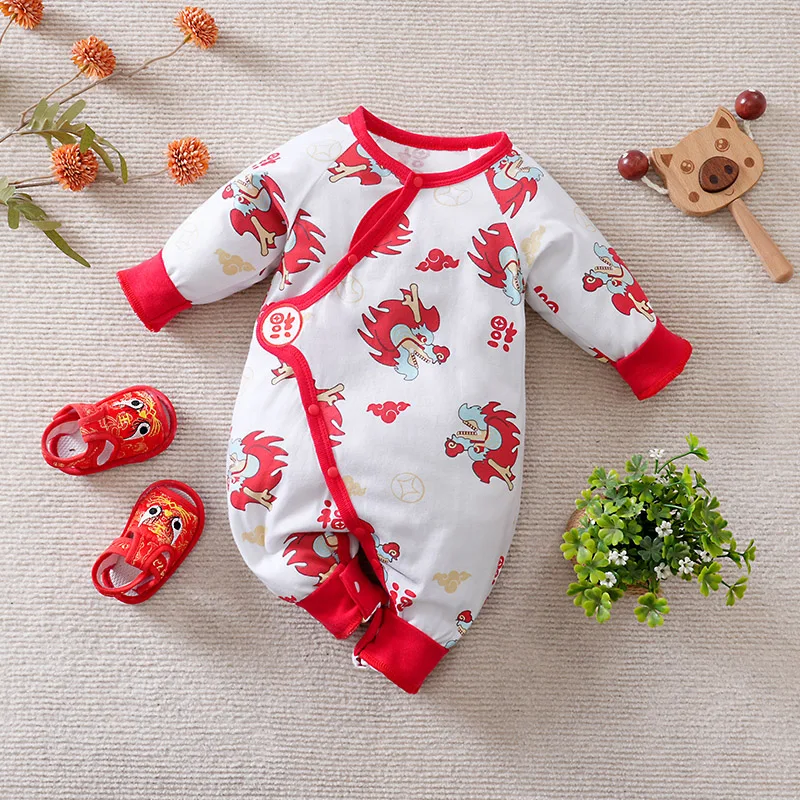 Chinese New Year Baby Clothes Dragon Pattern 0-1 Year Old Baby Pure Cotton Long Sleeved Jumpsuit For All Seasons