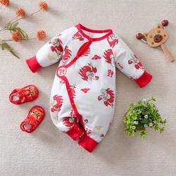 Chinese New Year Baby Clothes Dragon Pattern 0-1 Year Old Baby Pure Cotton Long Sleeved Jumpsuit For All Seasons