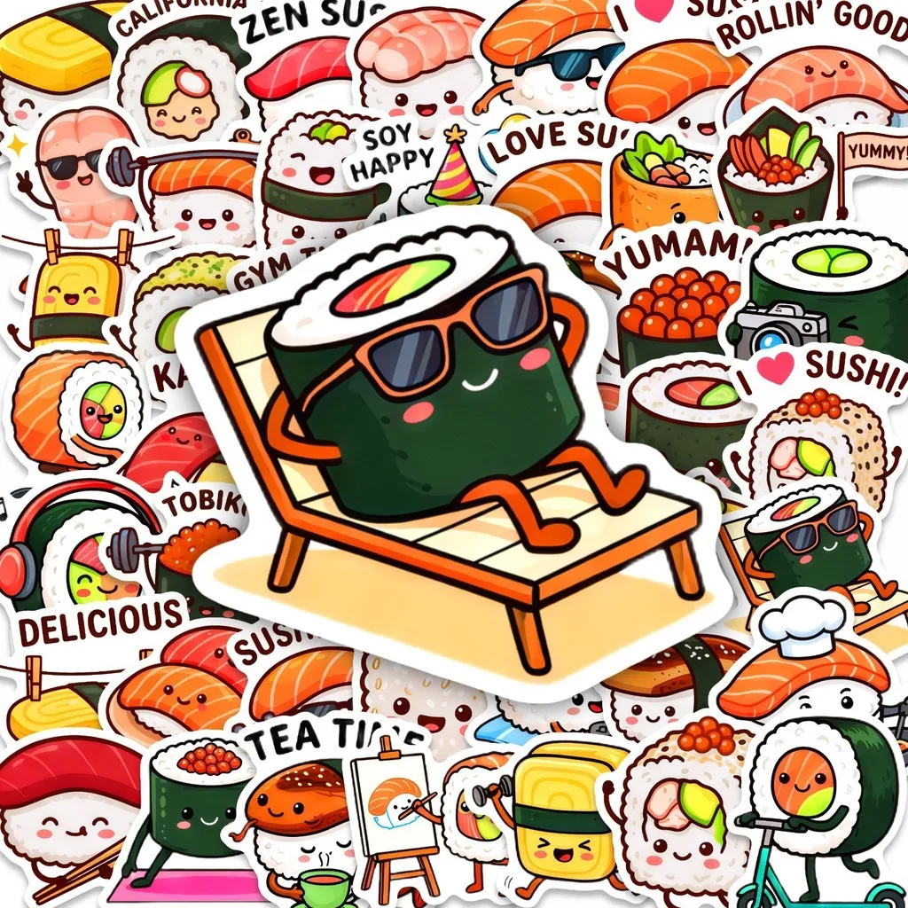 50Pcs Anthropomorphic Sushi Stickers, Daily Life Themed PP Waterproof Decals for Water Bottle Luggage & Aesthetic DIY Decoration