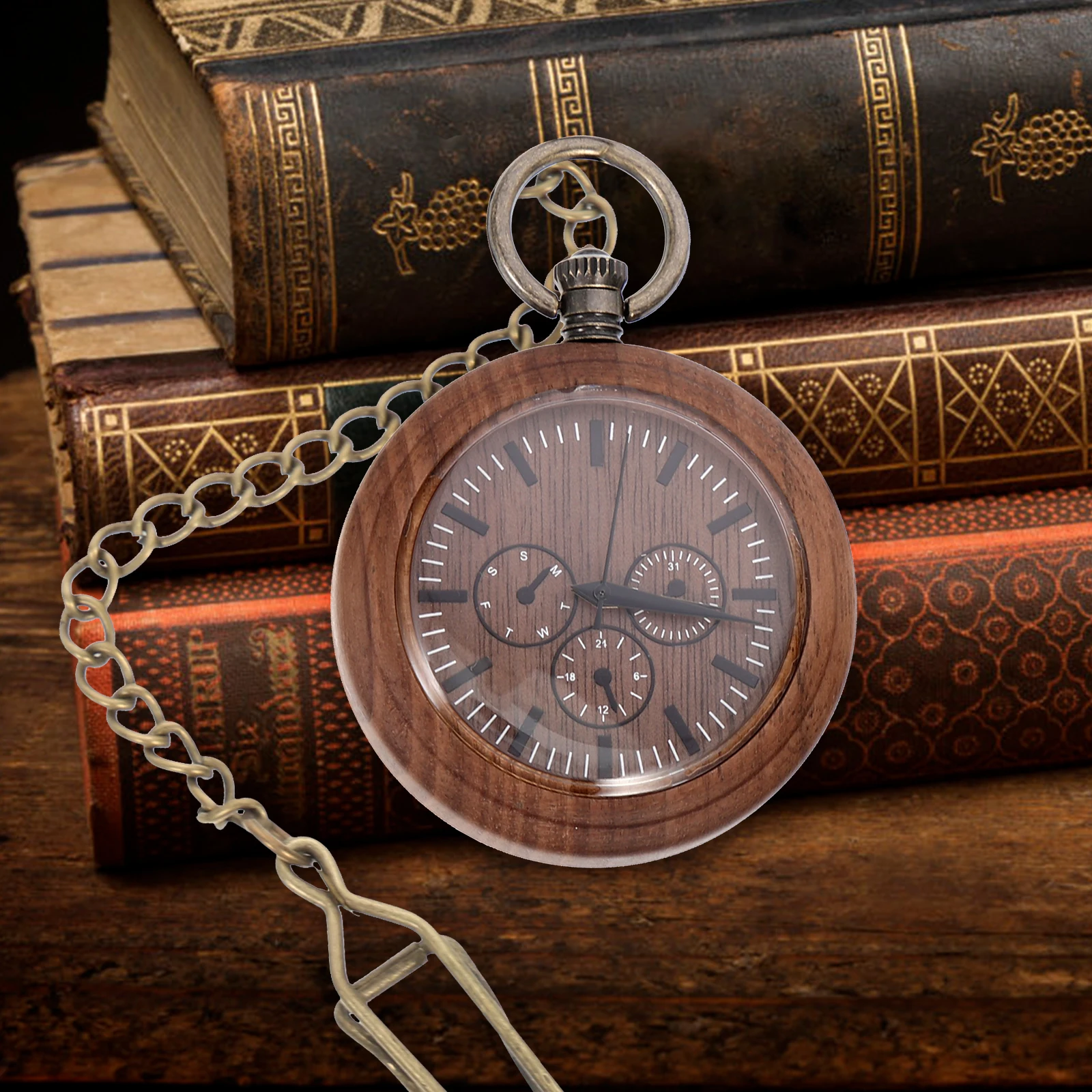 Wooden Pocket Watch Portable Vintage Chain Men Universal Stylish Glass Watches with