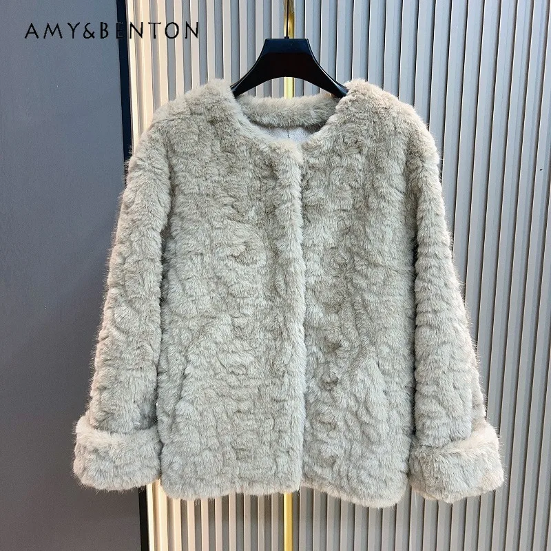 

Faux Fur One-Piece Coat Knitwear Ladies Winter New Fashion Turn-Up Sleeves Round Neck Korean Style Simple Elegant Furry Sweater
