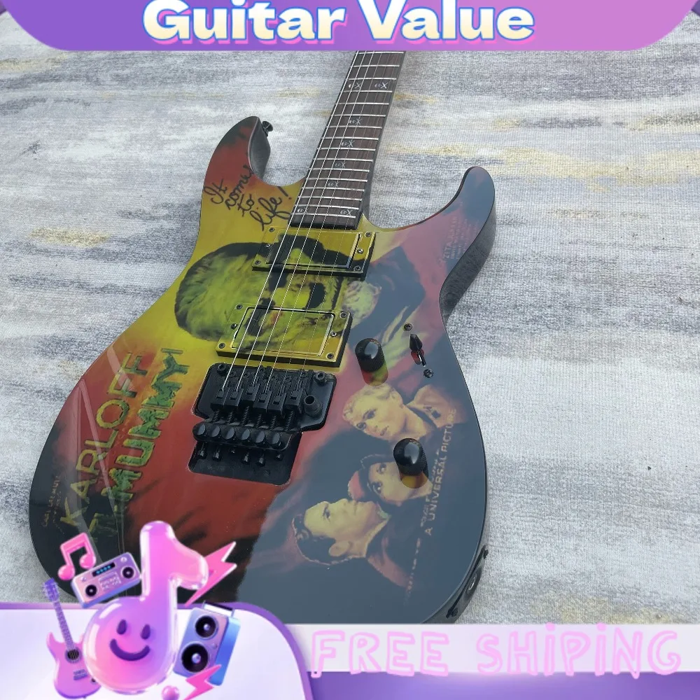 Electric Guitar with Mummy Retro Poster Graphic HH Pickups Double-Locking Tremolo X-Shaped Position Inlays