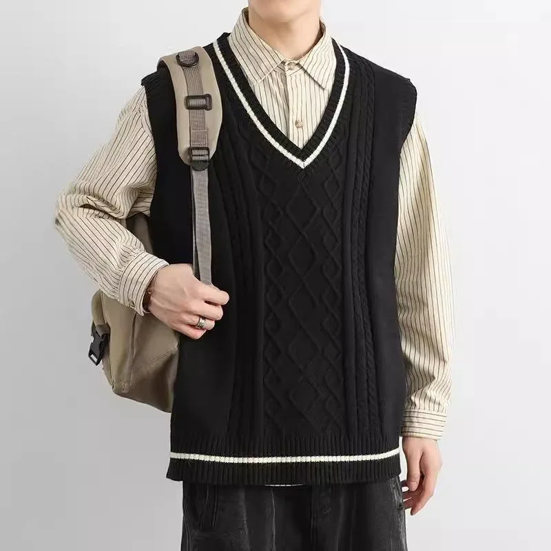 

Black Men's New Autumn Winter Knitted Gilet Teenage College Style Color Block V Neck Pullover Sleeveless Sweater