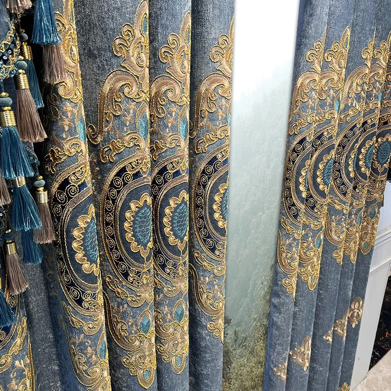 

Custom thick Chenille embroidery living room bedroom high-end luxury blue blackout curtain tulle valance drape C2176
