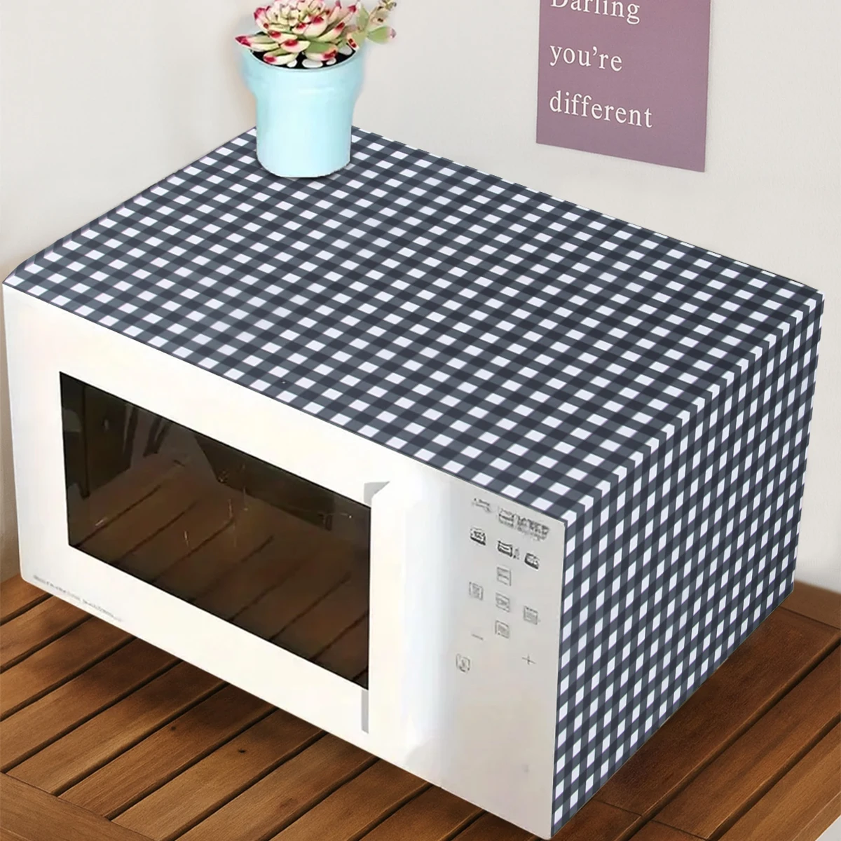 Black White Checkered Microwave Dust Cover Appliance Protection for Home Oven Dust Cover Kitchen Countertop Decor Supplies