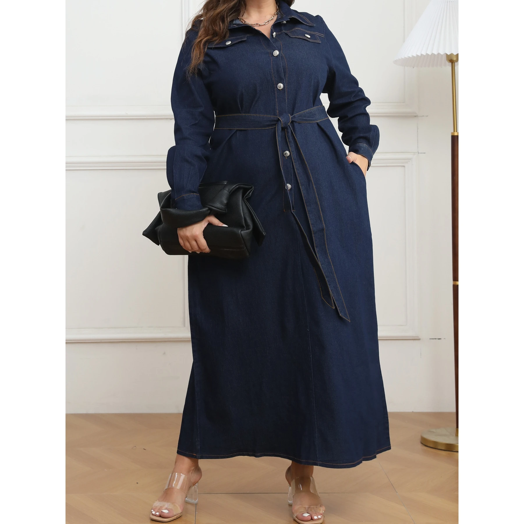 Winter Women's Large Size Denim Dress Collared Open Front Washed Blue Skirt Sweet Style Long Sleeve Other Material 100%