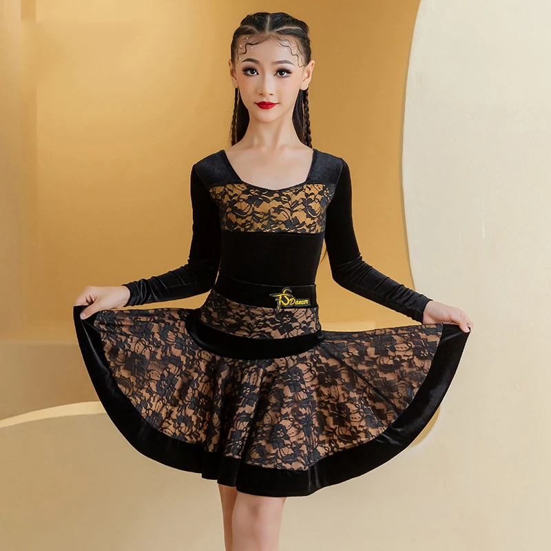 

Children Latin Dance Practice Clothes For Girls Patterned Velvet Tops Split Skirts Suit Samba Chacha Kids Latin Dress DN18908