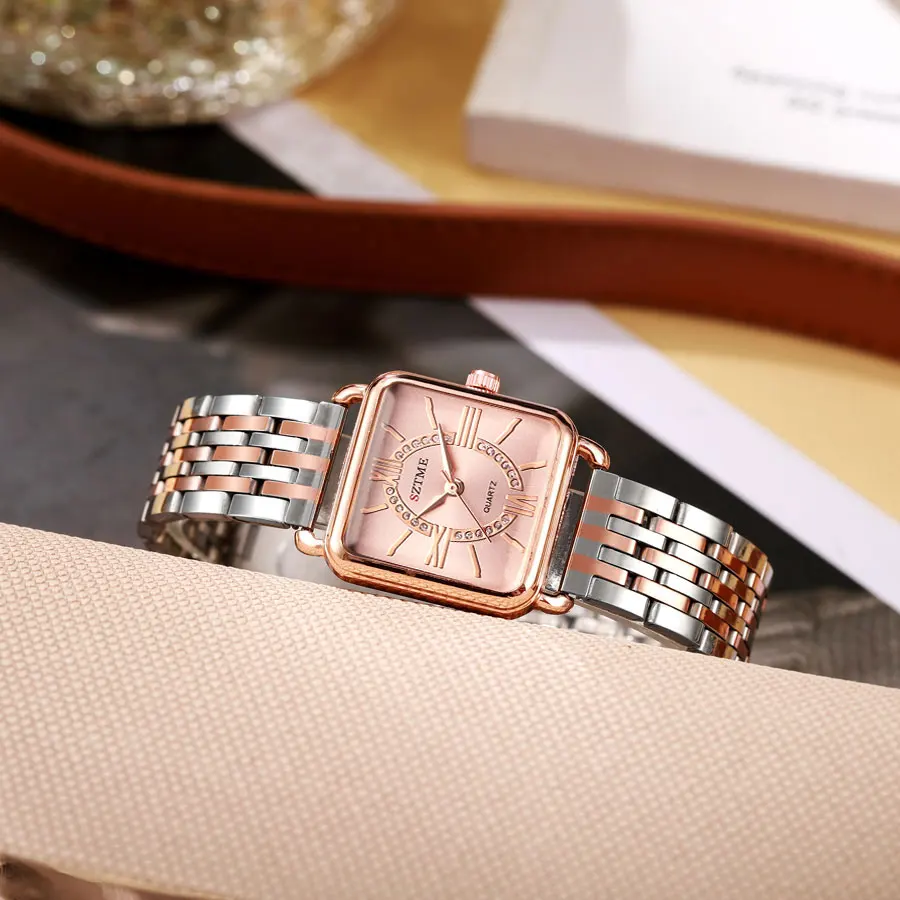 SZTME-ساعة نسائية مربعة بقرص روماني ، فولاذ مقاوم للصدأ ، علامة تجارية فاخرة ، عصرية ، عصرية ، ذهبية وردية #6