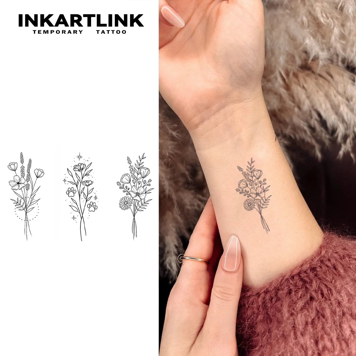 Tatuaje temporal adhesivo de tres pequeñas flores, tatuaje mágico impermeable, dura hasta 15 días tatuaje falso, tatuaje semipermanente