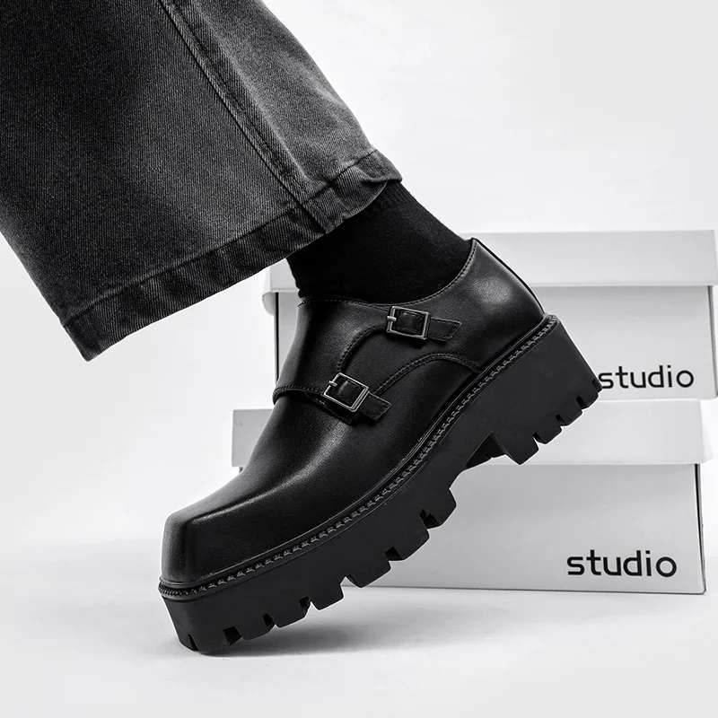 men fashion platform shoes slip-on monk shoe punk rock dress black trendy original leather loafers square toe sneakers footwear