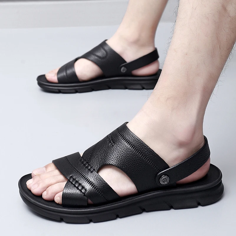 

Men's Top Layer Cowhide Business Beach Shoes Male Summer Outdoor Casual Sandals Two Uses Men's Sandals Slippers Large Sandals