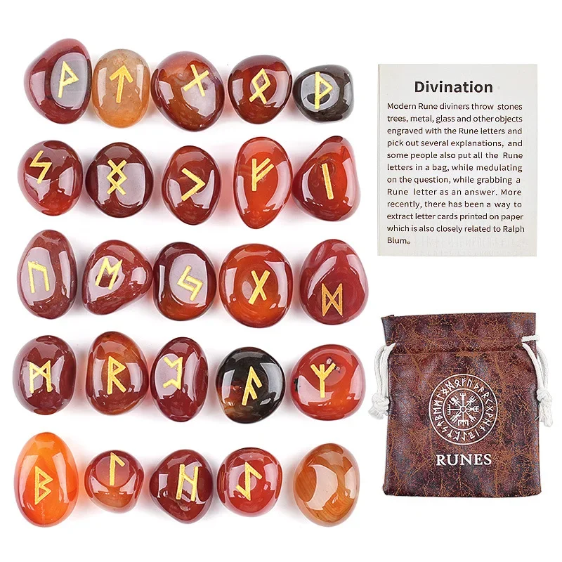 25PCS Tumbled Rune Stone Set Engraved Elder Futhark Viking Runes Divination Wicca Witchcraft with Vintage Pouch Guide Card for