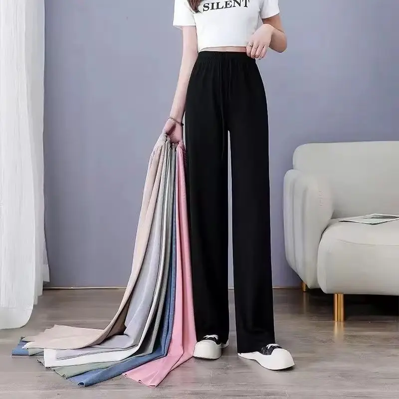 

Plus size Women Ankle-Length Wide Leg Pants Casual Summer Solid Elastic Waist Loose Ice Silk Pants Spring Summer Female Trousers