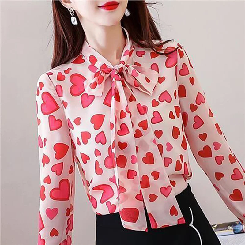 Elegant Scarf Collar Printed Lace Up Bow Blouses Women's Clothing 2023 Autumn Winter Loose Korean Pullovers Office Lady Shirts