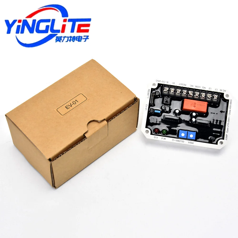 EV-01 Original Adjustable Voltage Protection Device, with a voltage range of 210 Vac to 290 Vac and 400 Vac to 560 Vac