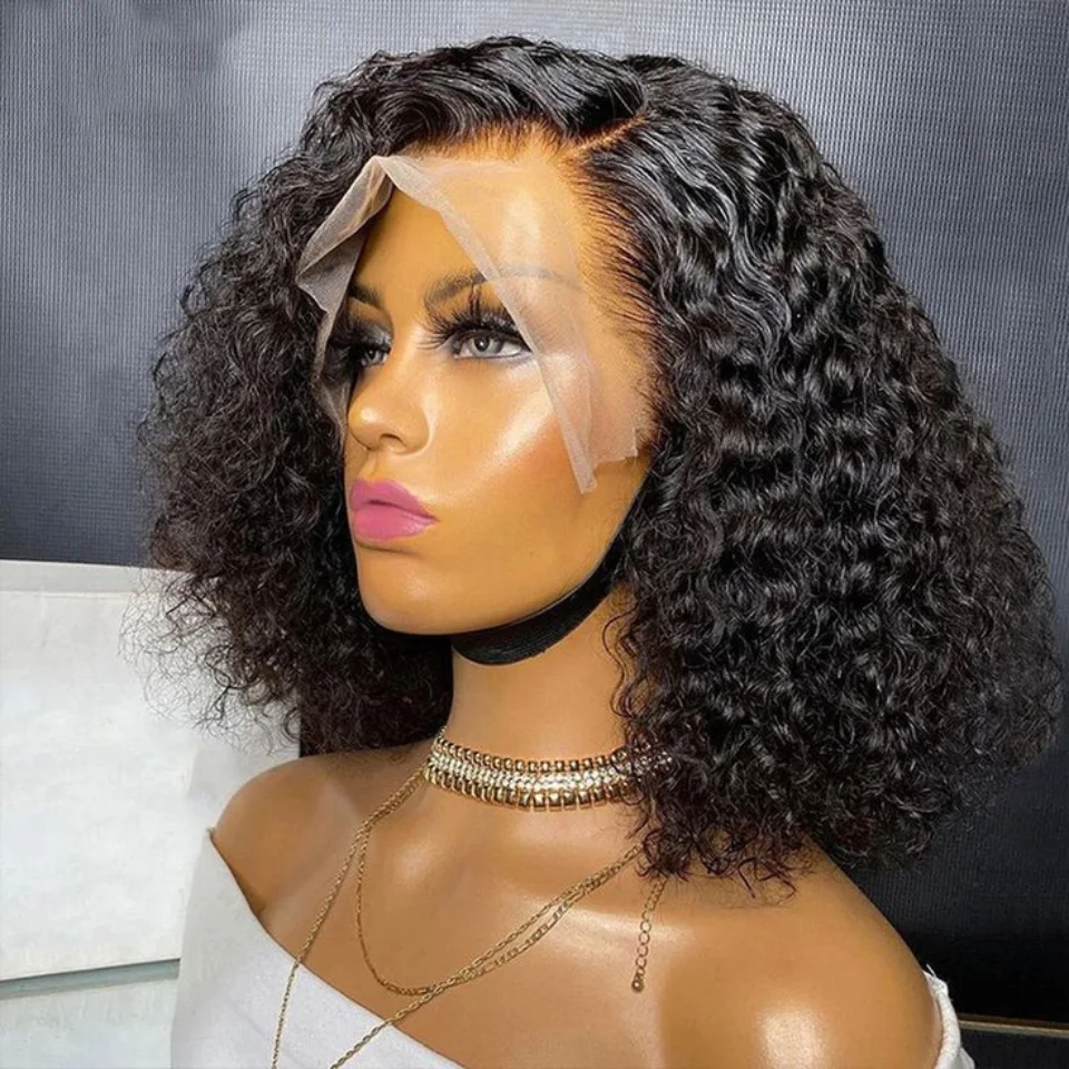 

Natural Black Kinky Curly Long Soft Glueless 180%Density Short Cut Bob Deep Lace Front Wigs For Women With Baby Hair Preplucked