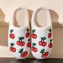 Cartoon Cherry Embroidery Pattern Women's Slippers in Winter Indoor Home Anti-Slip Floor Fluffy Warm Slippers for Couples