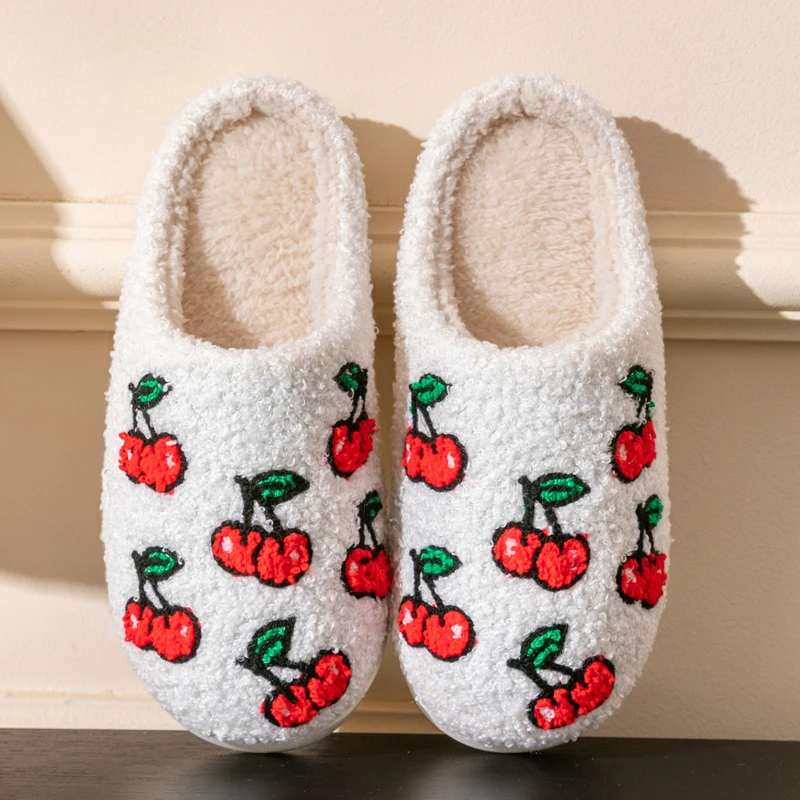 Cartoon Cherry Embroidery Pattern Women's Slippers in Winter Indoor Home Anti-Slip Floor Fluffy Warm Slippers  for Couples