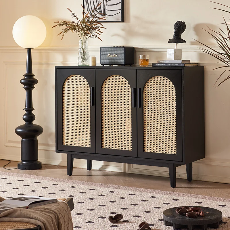 Nordic solid wood dining side cabinet, black household simple rattan arch, restaurant side cabinet, entrance entrance storage