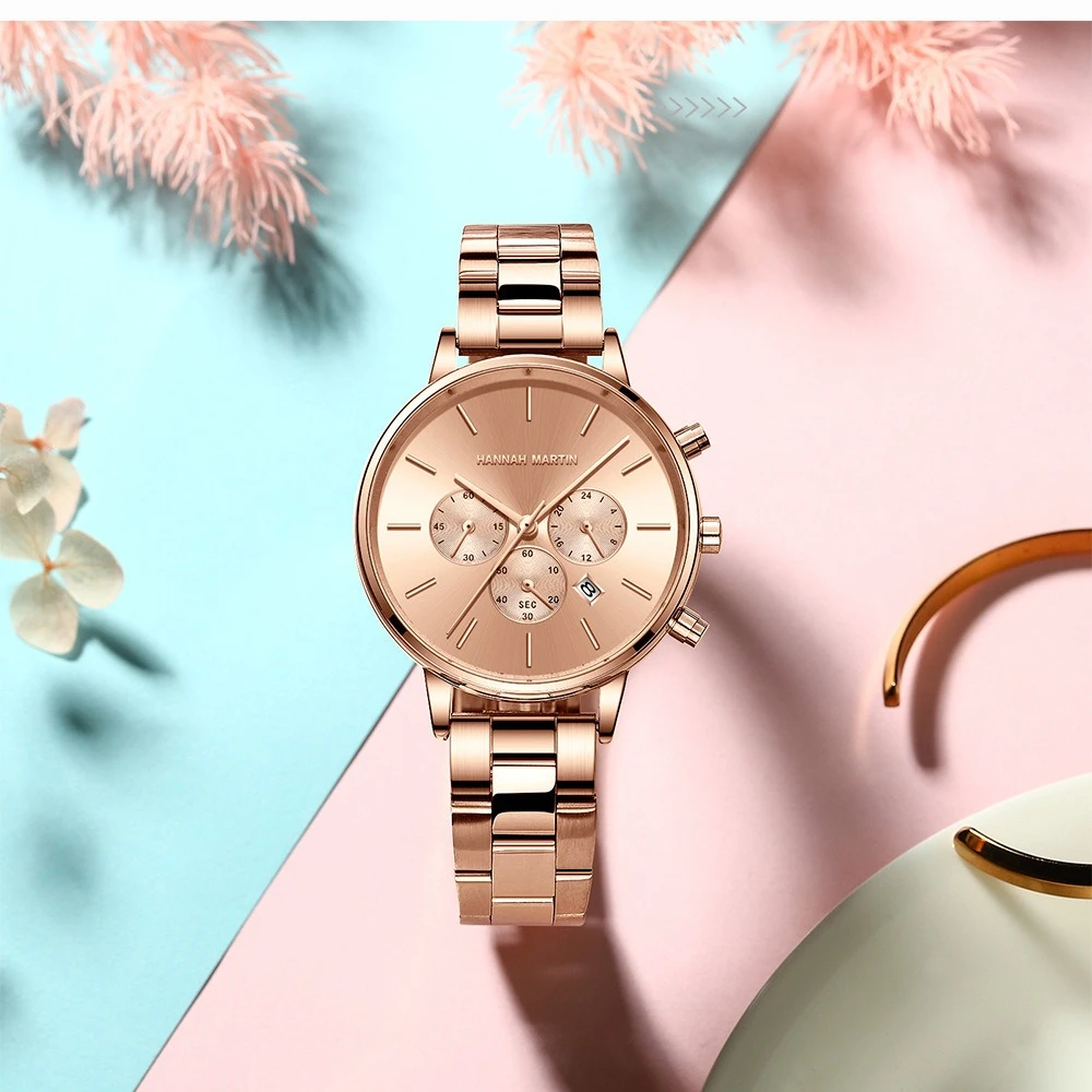 

HANNAH MARTIN Luxury Watch 1101 Women Watch Fashion Waterproof Calendar Chronograph Quartz Steel Strip Watches for Women gift