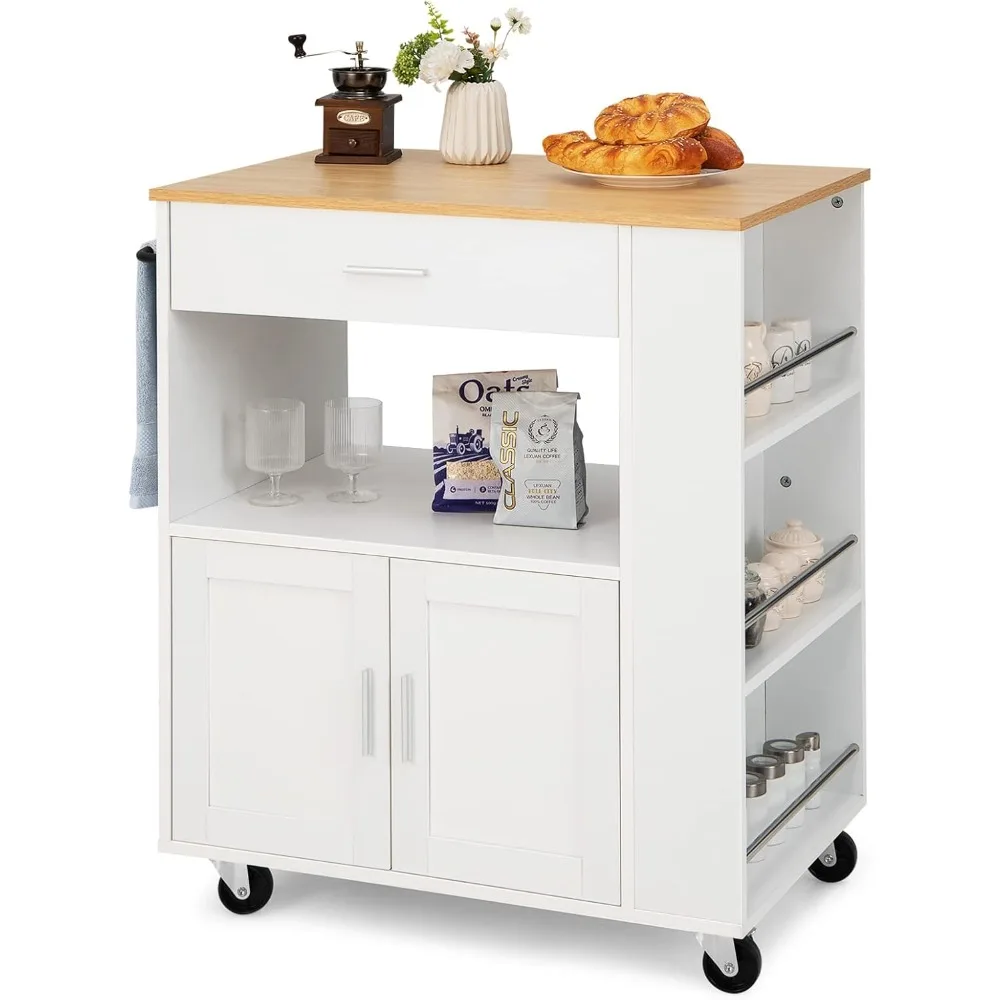 Kitchen Island on Wheels, Rolling Trolley Cart with 3 Spice Racks, 2-Door Cabinet, Storage Drawer, Open Shelf