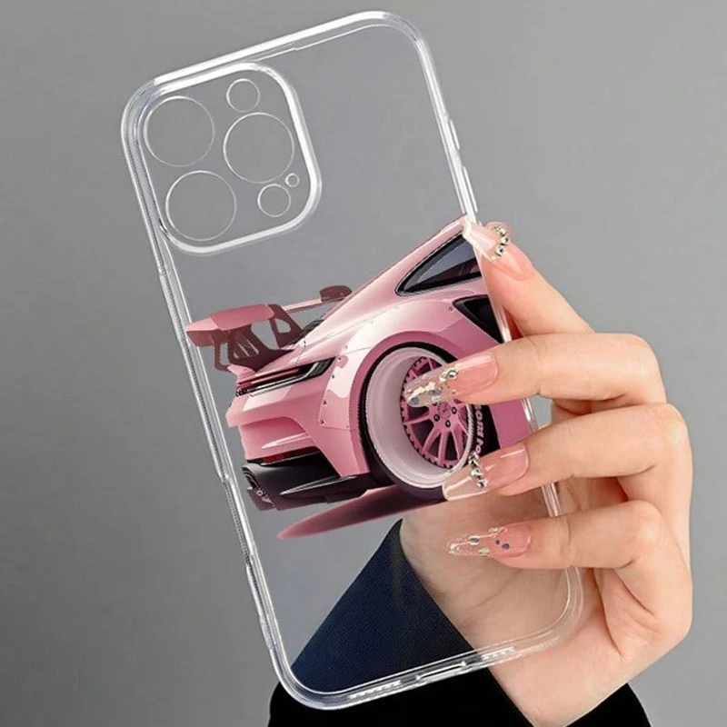 Pink Car Pattern Transparent Phone Case For iPhone 17 16 11 13 12 14 15 Pro Max XS X XR 7 8 Plus 16E 17Air Shockproof Soft Cover