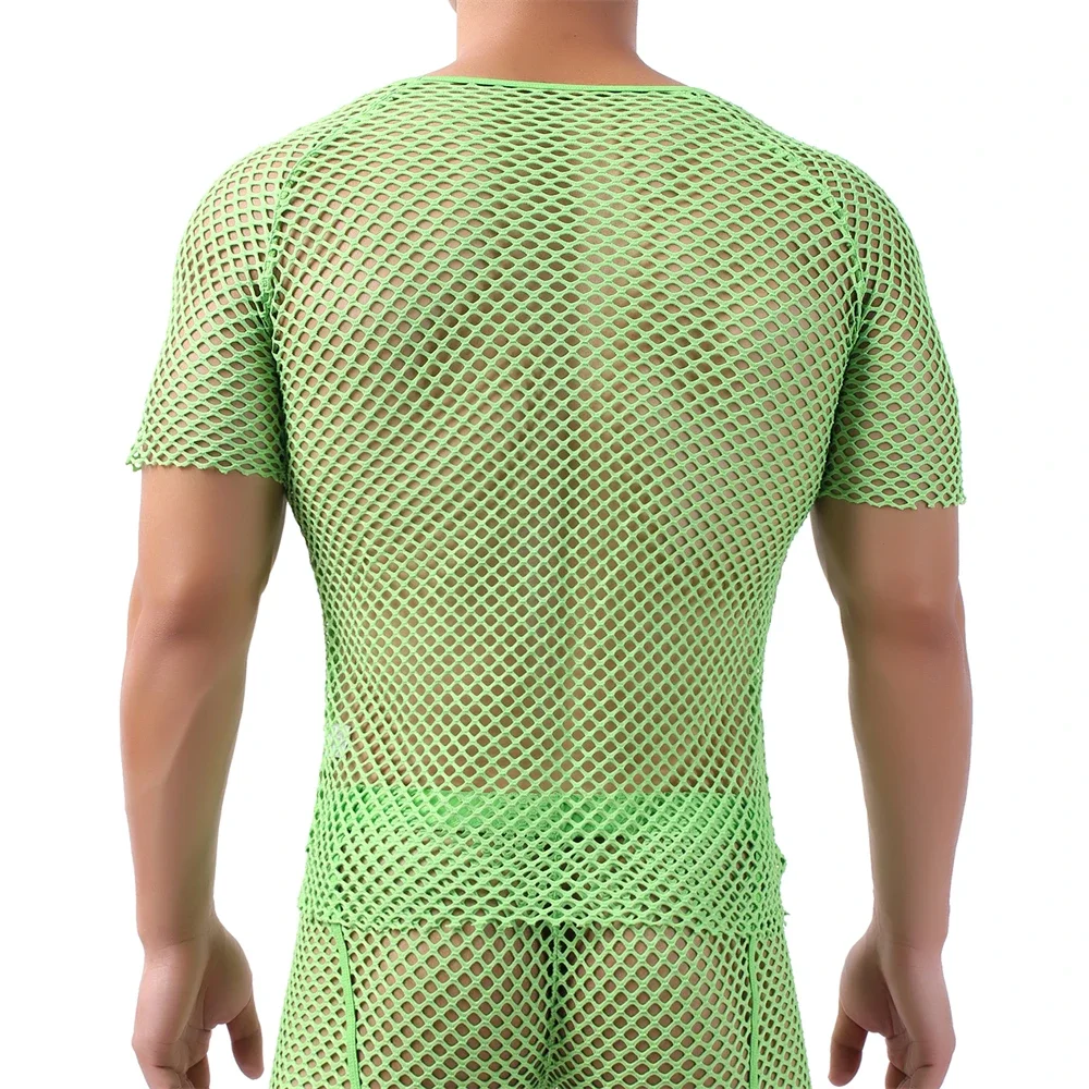 

Mens Short Sleeve Sexy Mesh Sheer Fishnet Tops Solid Color Stretchy Undershirts Summer Hollow Out T-Shirts Muscle Slim Fit Tees