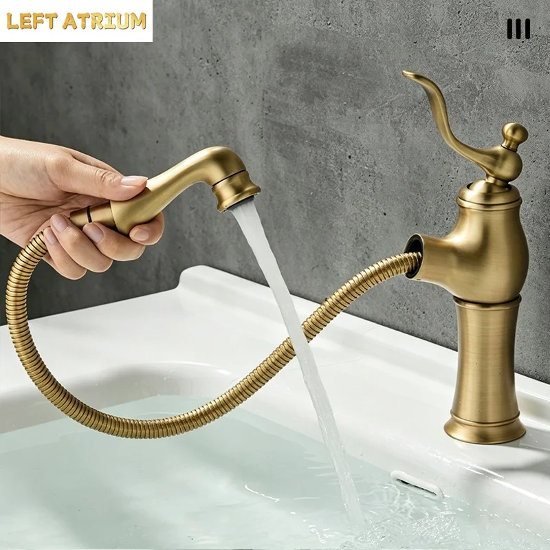 Vintage Brass Pull-Out Faucet for Home Bathrooms Under Counter Sink Hot and Cold Water Faucet with Splash Guard