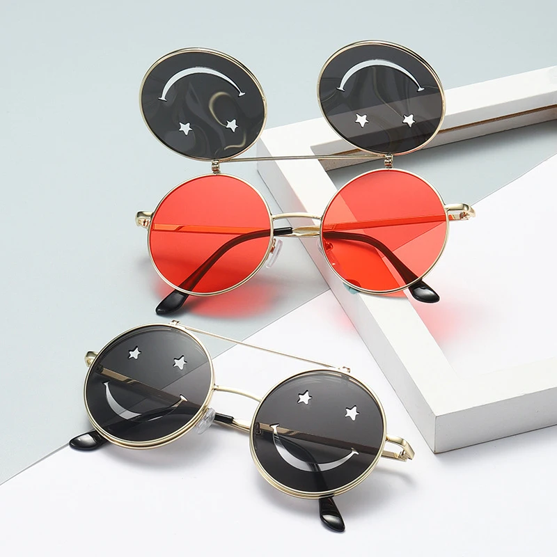 Trendy Smiley Face Flip-Up Sunglasses for Women Ocean Style 