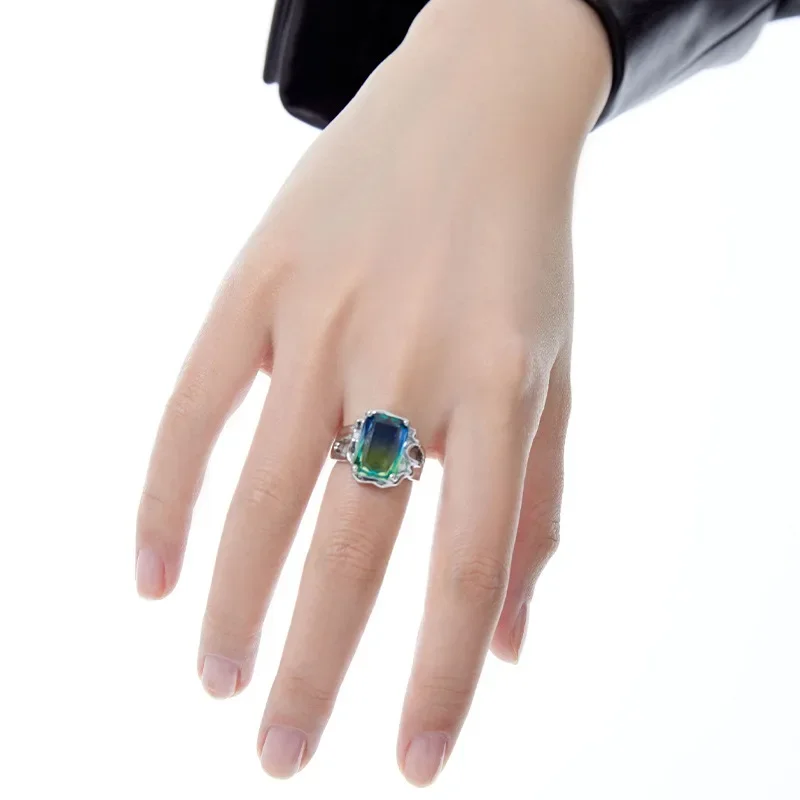 

Trendy Silver Blue Rectangle Stone Rings for Women Ladies Wedding Engagement Korean Style Fashion Party Temperament Jewelry