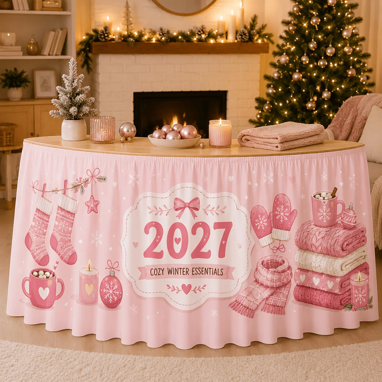 One table skirt. 2027. Comfortable winter essential. Pink Christmas stocking gloves scarf blanket bowtiexzj