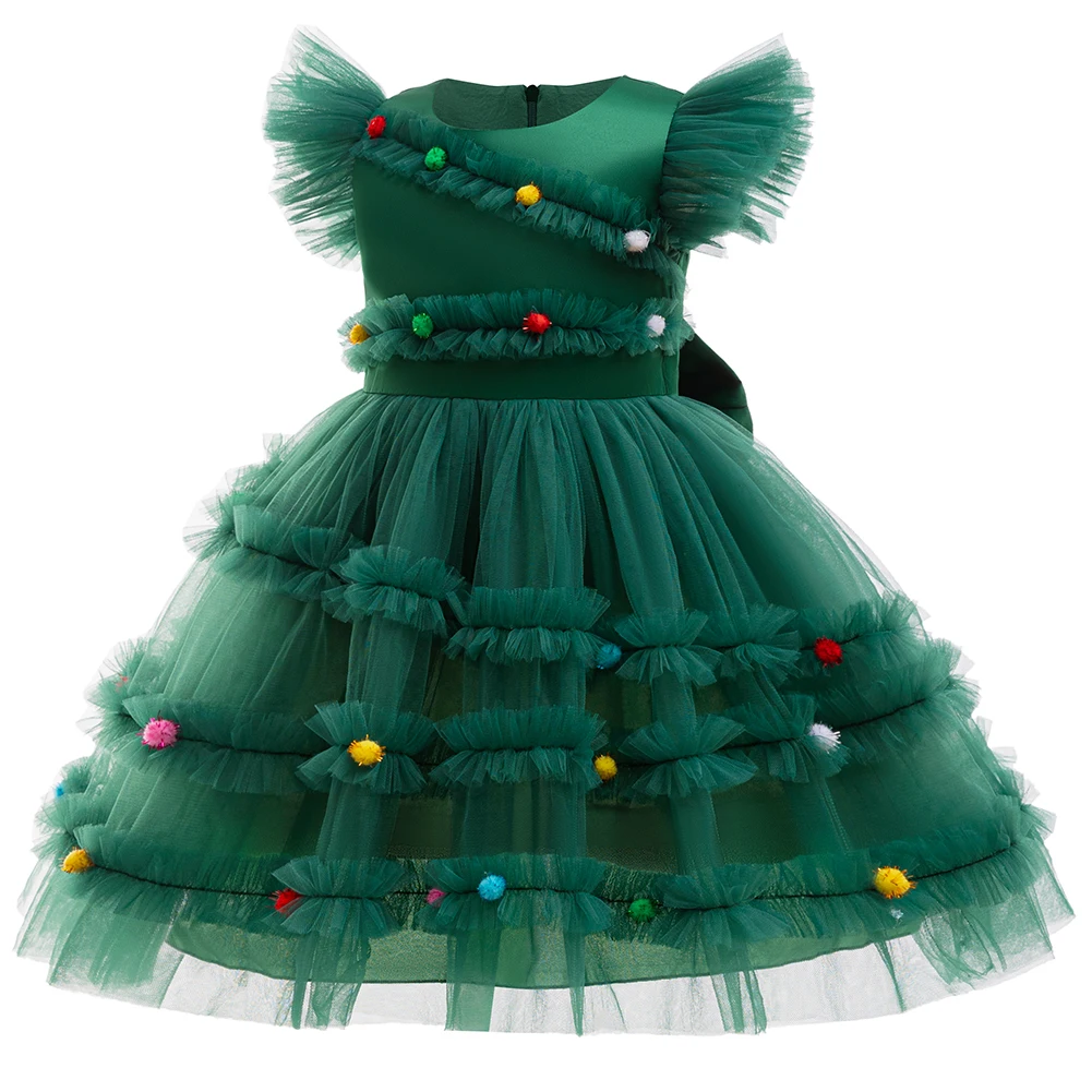 Vestidos de fiesta de princesa para niñas, vestido de Navidad verde con volantes de flores para niños, bonito vestido de fiesta de Navidad para noche de boda y cumpleaños