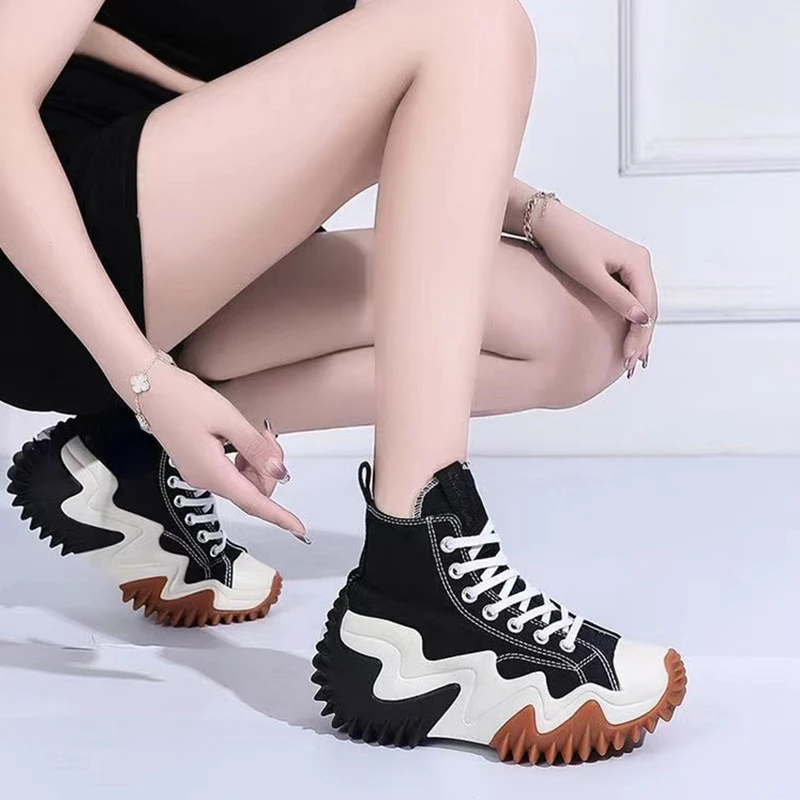 Shoes Female 2024 Lace Up Women\'s Vulcanize Shoes Outdoor Women Sneakers Round Toe Platform High Top Canvas Women\'s Casual Shoes