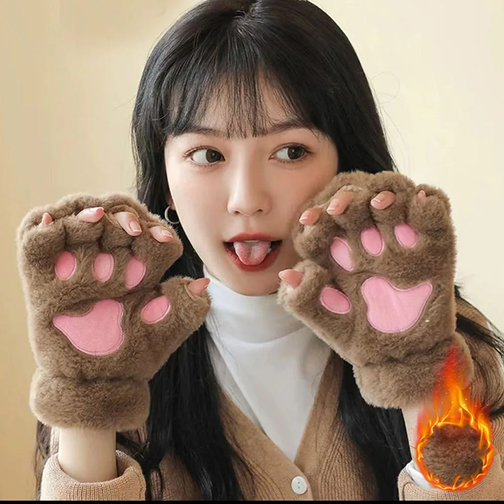 الشتاء القط باو أفخم قفازات لينة الدافئة أصابع القفازات لطيف رقيق الدب مخلب نصف اصبع قفازات للفتيات هدية الكريسماس