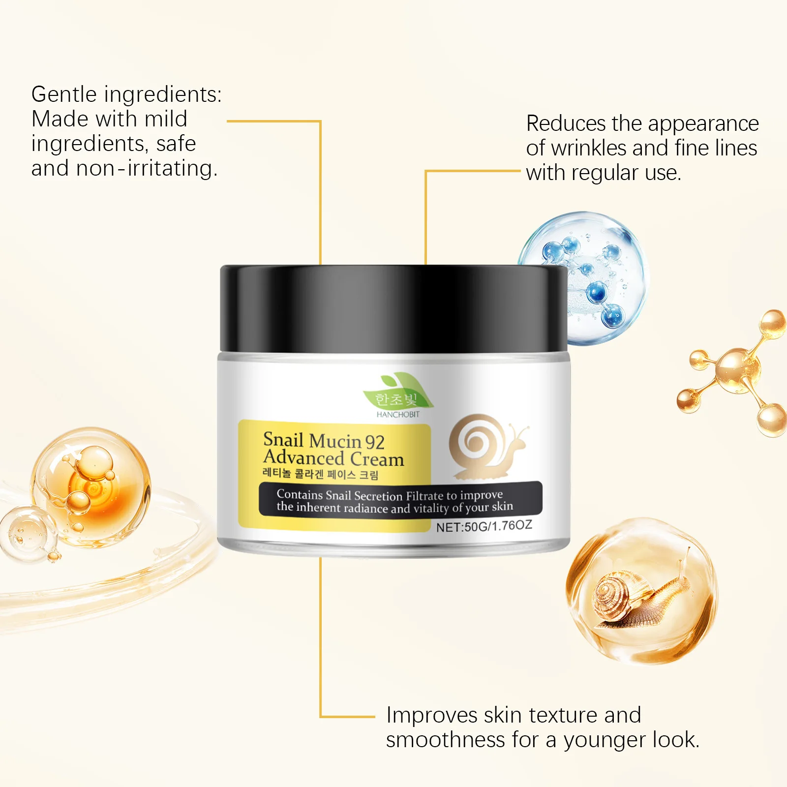 

Hanchobit Snail Mucin Face Nourishing Cream Keep Brighten Shrink Pores Lifting Firming Fade Fine Lines Facial Moisturizing Cream