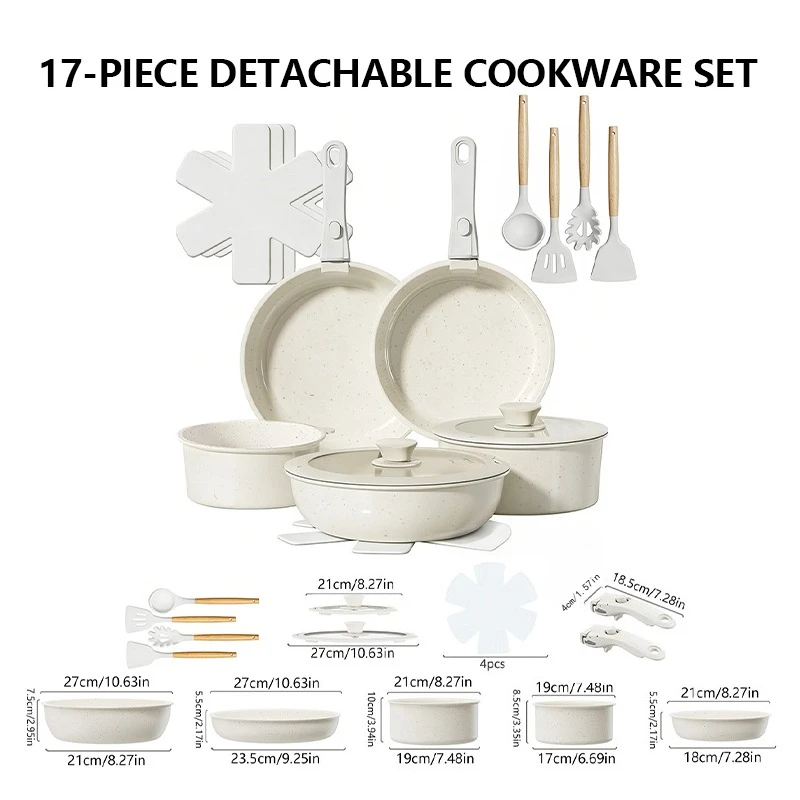 Non-Stick Pan, 17-Piece Frying Pan Set, Suitable for Induction Cooktops and Open Flames, Frying Pan Set, Long-Lasting Non-Stick, Scratch-Resistant Surface, Dishwasher Safe, Creamy White, Can Be Given as a Gift