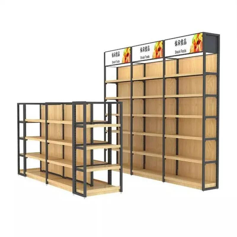 Custom Wooden Display Stand Rack, multifuncional aço-madeira, supermercado prateleiras luminárias para loja de varejo, China