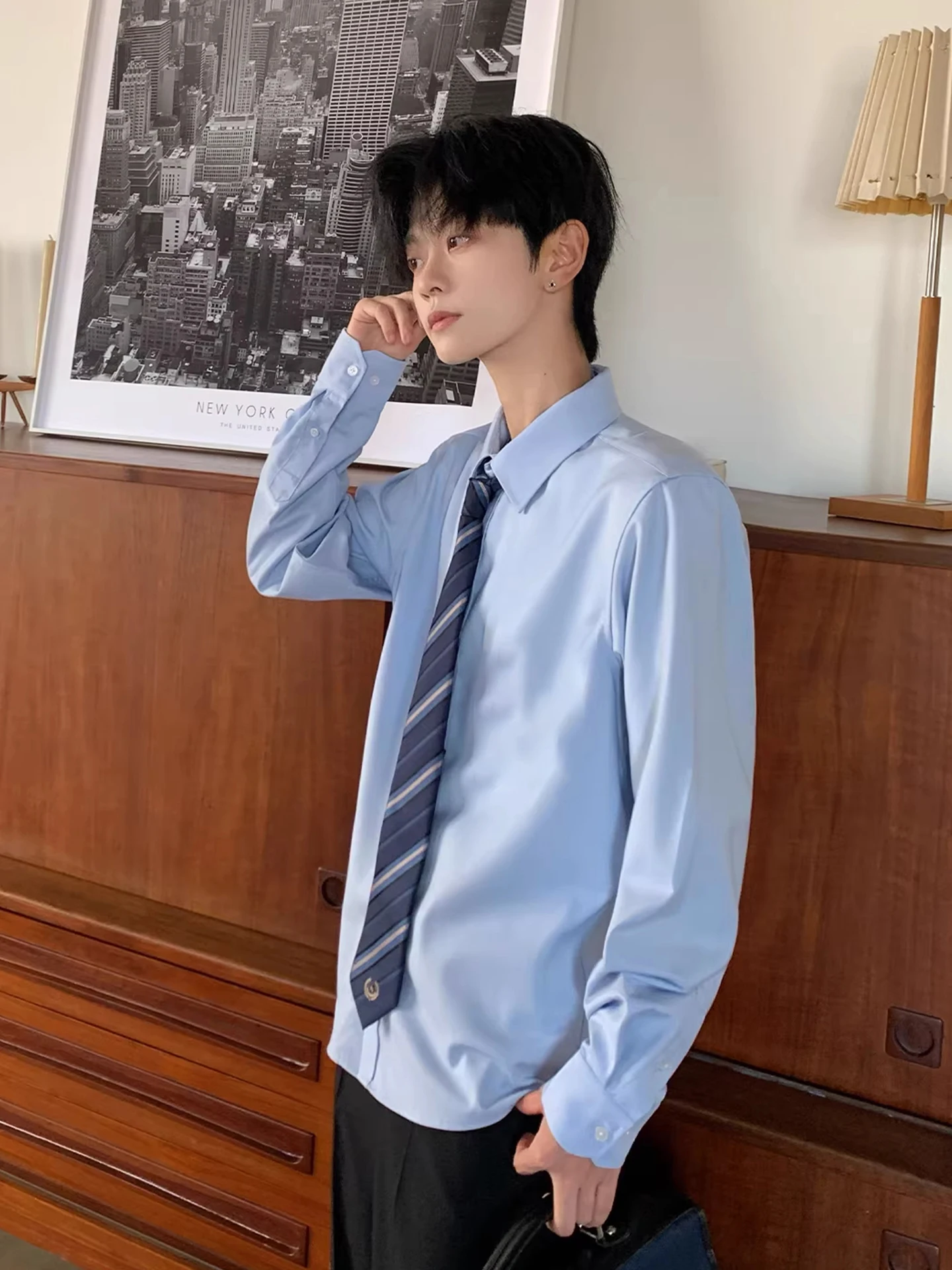 

Blue Long Sleeve Men's Shirt Youthful Student Style Versatile Inner Wear Base Layer Standard Fit Button up Polyester Cotton