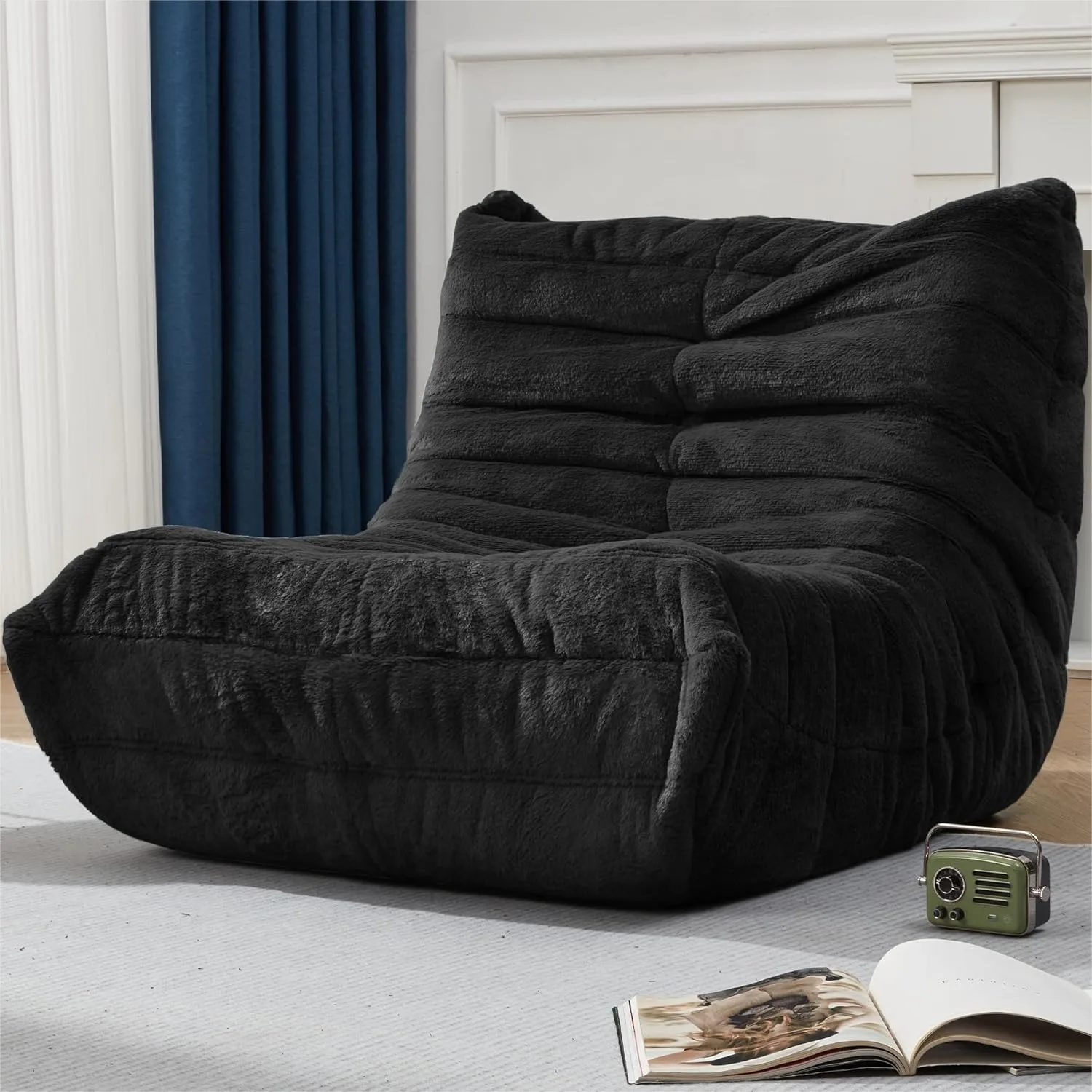 

Giant Bean Bag Chair Memory Foam BeanBag Sofa with Filler Faux Fur Fireside Lazy Sofa for Living Room Bedroom Office Black Plush