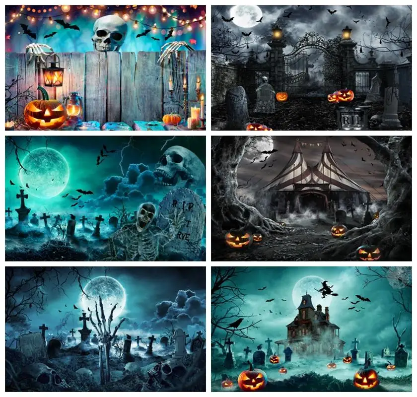 

Laeacco Halloween Backdrop Skeleton Pumpkin Scary Graveyard Lantern Wooden Spooky Kids Birthday Portrait Photography Background