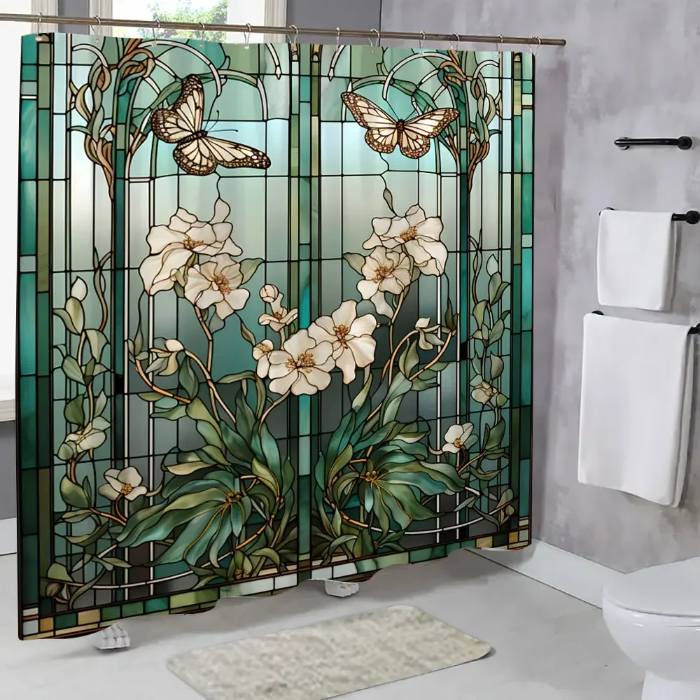 Colourful Glass Meadow Flower Butterfly Print Polyester Fabric Shower Curtain Home Hotel Apartment Bathroom Shower Curtain Decor