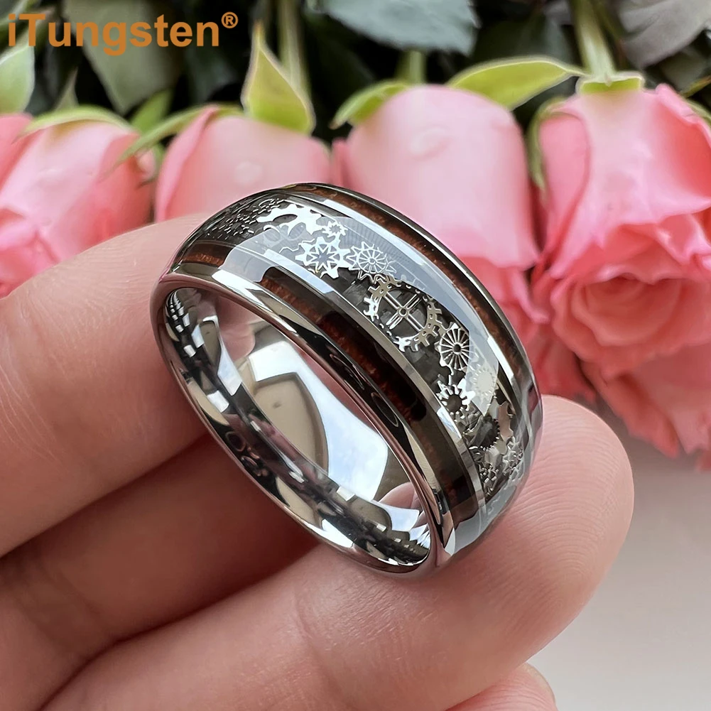 iTungsten 10mm Super Men Ring Tungsten Wedding Band Domed Polished With Wood And Steampunk Inlay Free Shipping