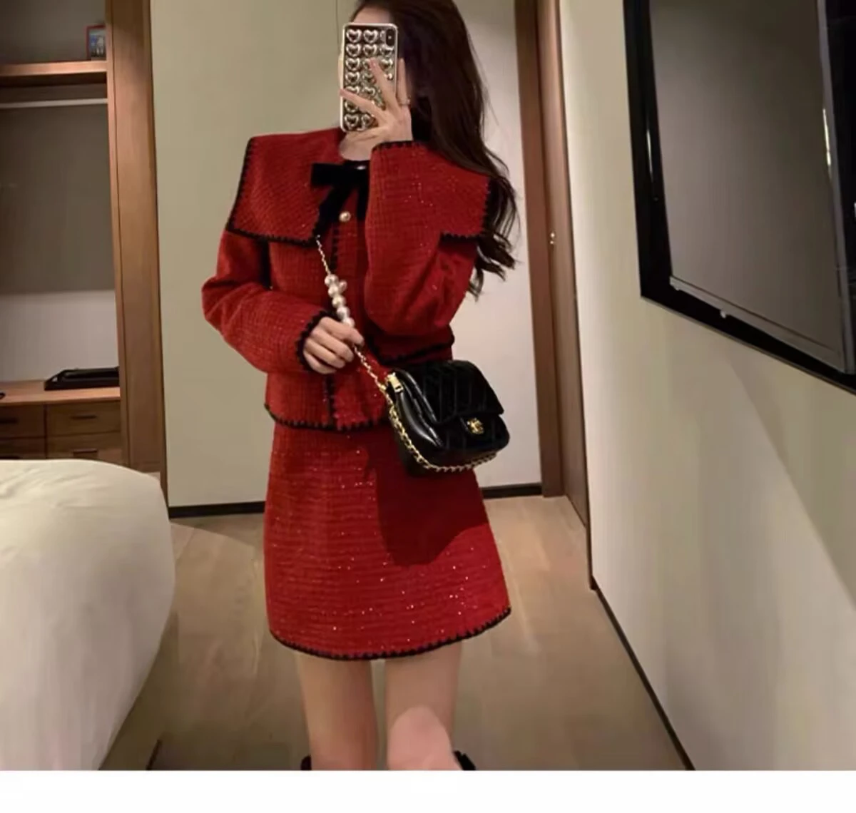 Red Atmosphere New Year Chrsitmas Women's Suit Jacket Autumn and Winter Fashion Sweet Short Coat Hip Skirt Lady Two-piece Set