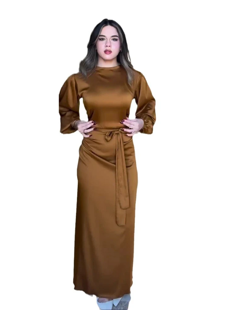 Eid Muslim Dress for Women Satin Vestidos Dubai Abaya Morocco Party Dresses Ramadan Lace-up Kaftan Islam Arab Long Robe 2024